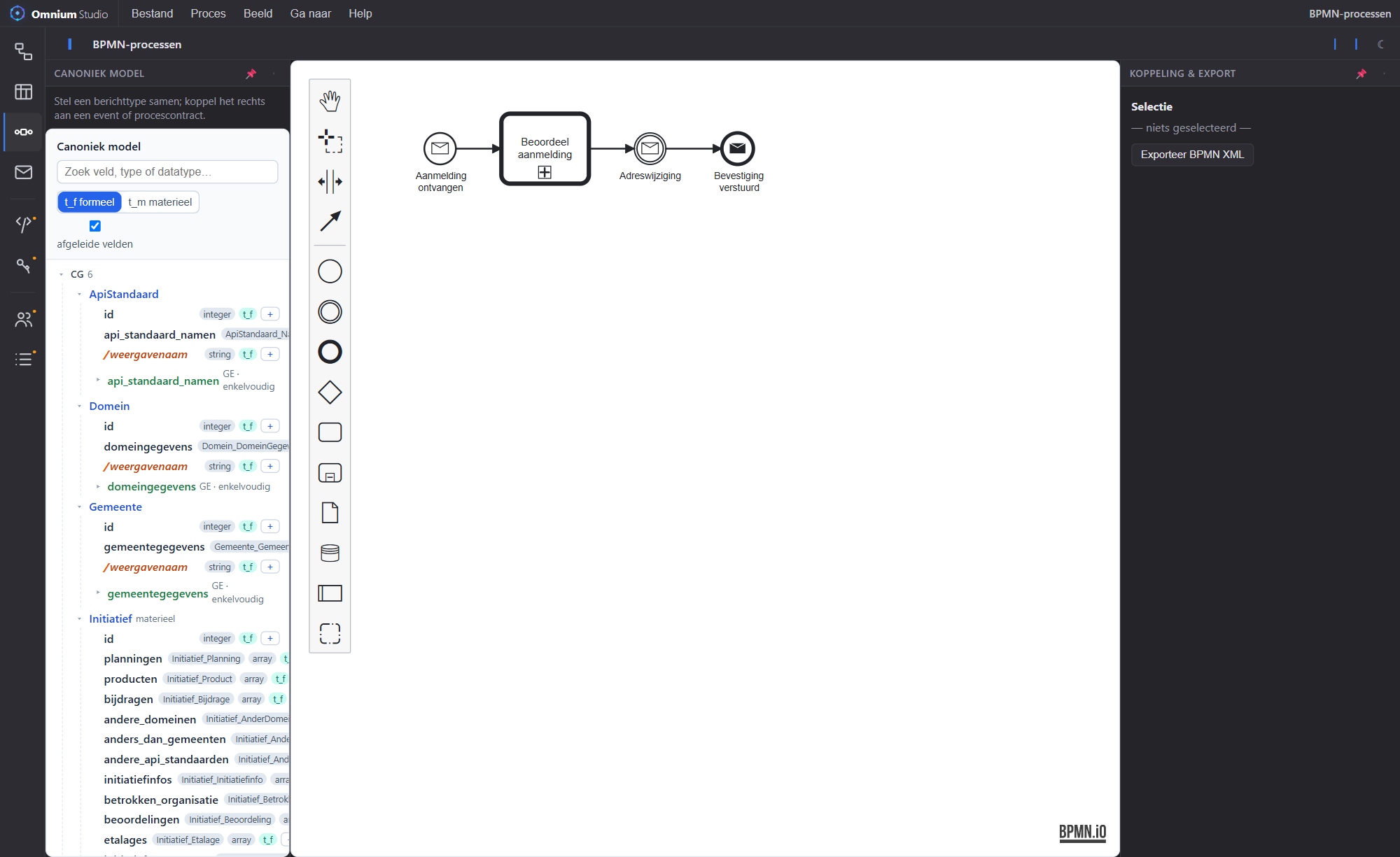 BPMN-proces in Omnium Studio met koppeling aan het canoniek model